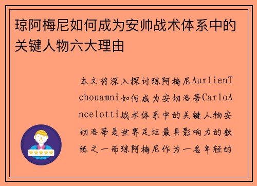 琼阿梅尼如何成为安帅战术体系中的关键人物六大理由