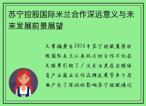 苏宁控股国际米兰合作深远意义与未来发展前景展望 苏宁控股国际米兰合作深远意义与未来发展前景展望