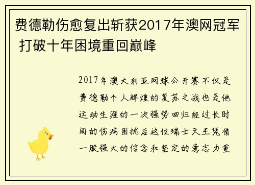 费德勒伤愈复出斩获2017年澳网冠军 打破十年困境重回巅峰