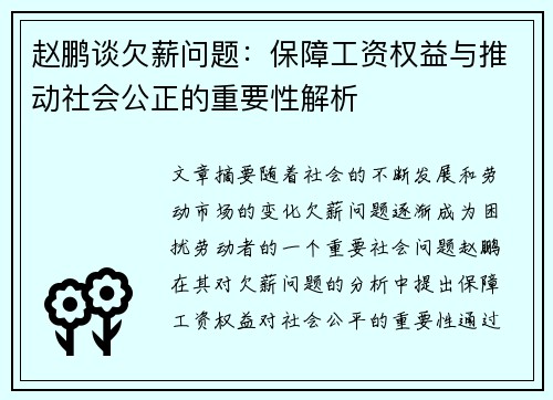 赵鹏谈欠薪问题：保障工资权益与推动社会公正的重要性解析
